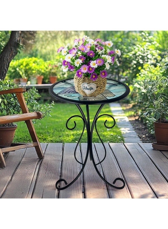 WALALLA Outdoor Side Table, Small Outdoor Table, 12 inch Round Patio Side Table End Table, Glass Plant Stand, Small Bistro Coffee Table for Garden Patio Porch Living Room (Pelicans) - Image 5